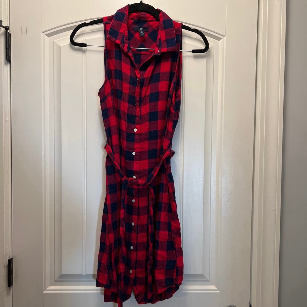 Gap Women’s Sleeveless Button Down Tie Waist Plaid Collared‎ Dress Sz S Red Blue